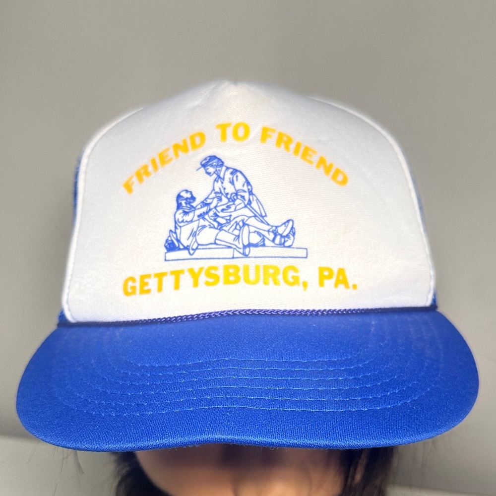 Blue and White friend to friend Gettysburg vintage trucker Cap